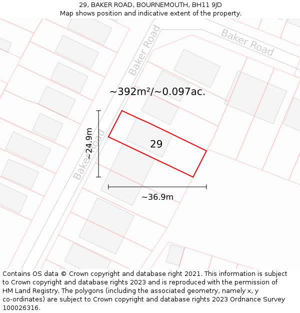 29, BAKER ROAD, BOURNEMOUTH, BH11 9JD: Plot and title map