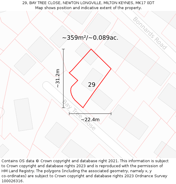 29, BAY TREE CLOSE, NEWTON LONGVILLE, MILTON KEYNES, MK17 0DT: Plot and title map
