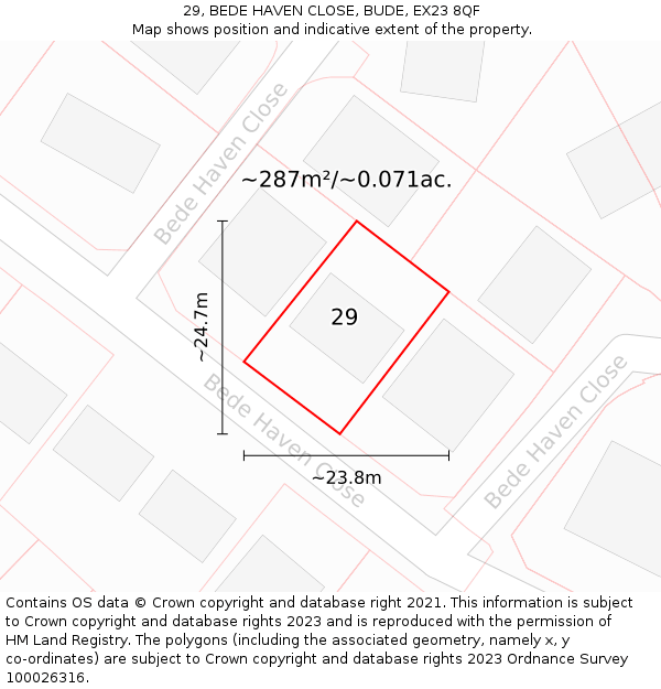 29, BEDE HAVEN CLOSE, BUDE, EX23 8QF: Plot and title map