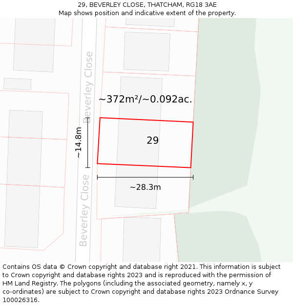 29, BEVERLEY CLOSE, THATCHAM, RG18 3AE: Plot and title map