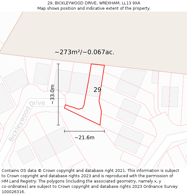 29, BICKLEYWOOD DRIVE, WREXHAM, LL13 9XA: Plot and title map