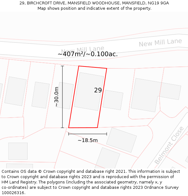 29, BIRCHCROFT DRIVE, MANSFIELD WOODHOUSE, MANSFIELD, NG19 9GA: Plot and title map