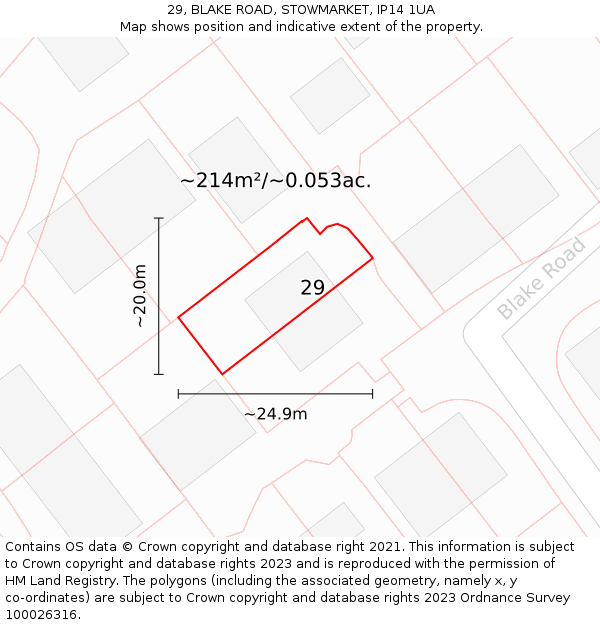 29, BLAKE ROAD, STOWMARKET, IP14 1UA: Plot and title map