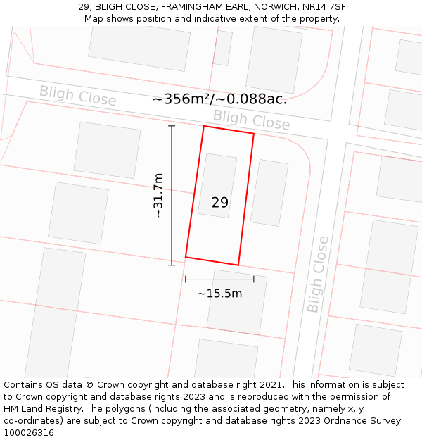 29, BLIGH CLOSE, FRAMINGHAM EARL, NORWICH, NR14 7SF: Plot and title map