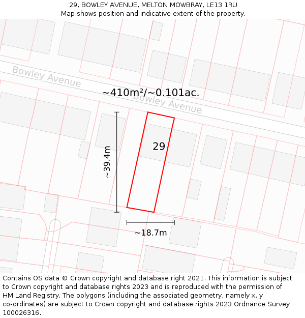 29, BOWLEY AVENUE, MELTON MOWBRAY, LE13 1RU: Plot and title map