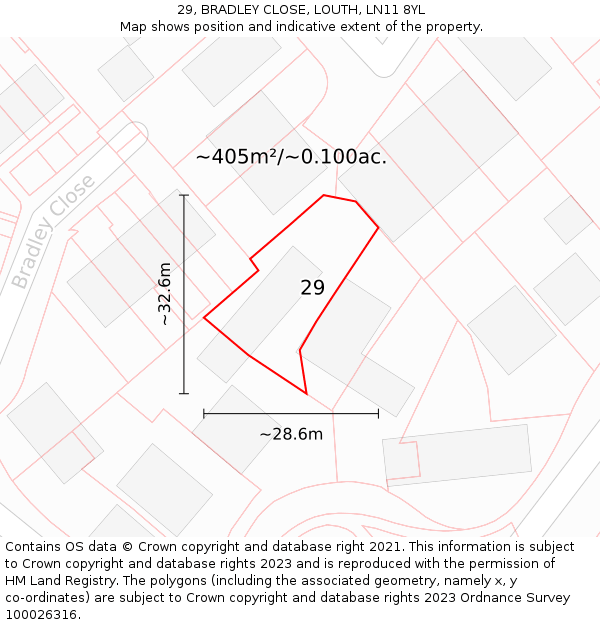 29, BRADLEY CLOSE, LOUTH, LN11 8YL: Plot and title map