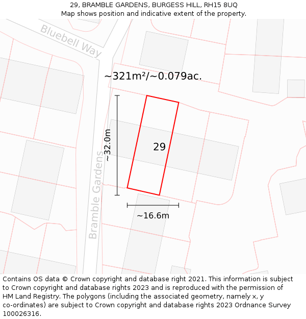 29, BRAMBLE GARDENS, BURGESS HILL, RH15 8UQ: Plot and title map