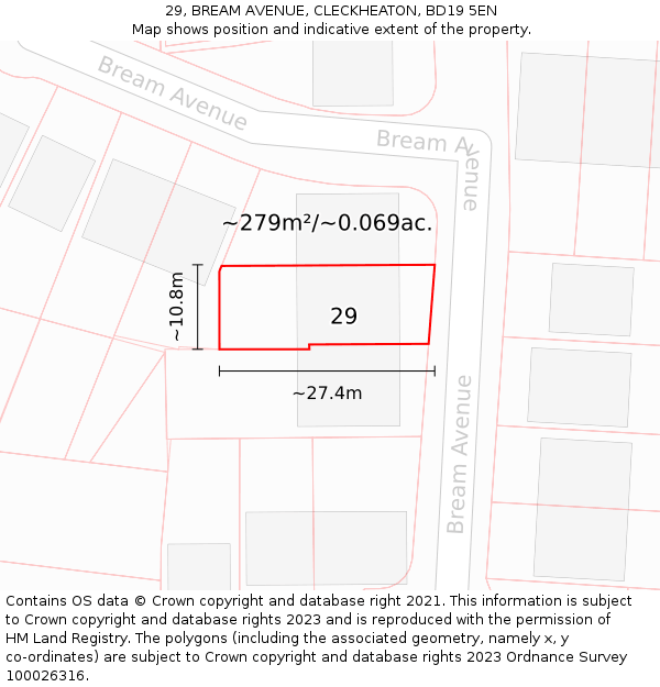 29, BREAM AVENUE, CLECKHEATON, BD19 5EN: Plot and title map