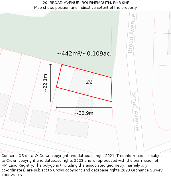 29, BROAD AVENUE, BOURNEMOUTH, BH8 9HF: Plot and title map
