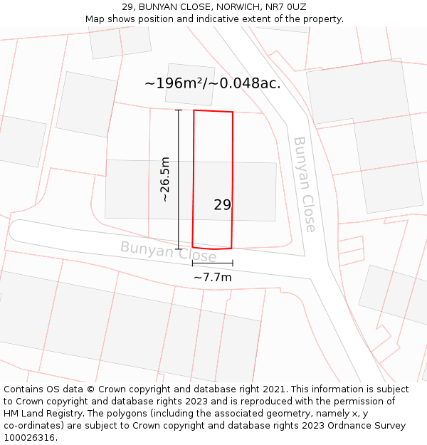 29, BUNYAN CLOSE, NORWICH, NR7 0UZ: Plot and title map