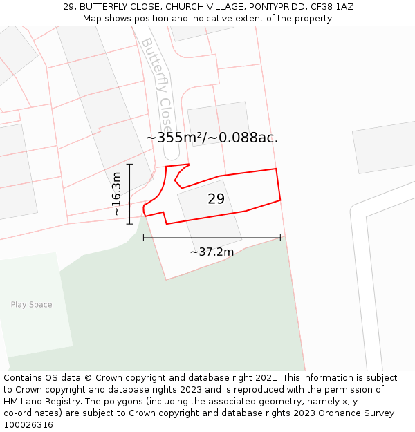 29, BUTTERFLY CLOSE, CHURCH VILLAGE, PONTYPRIDD, CF38 1AZ: Plot and title map