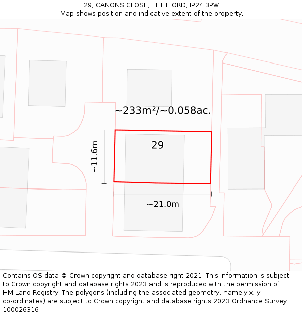 29, CANONS CLOSE, THETFORD, IP24 3PW: Plot and title map