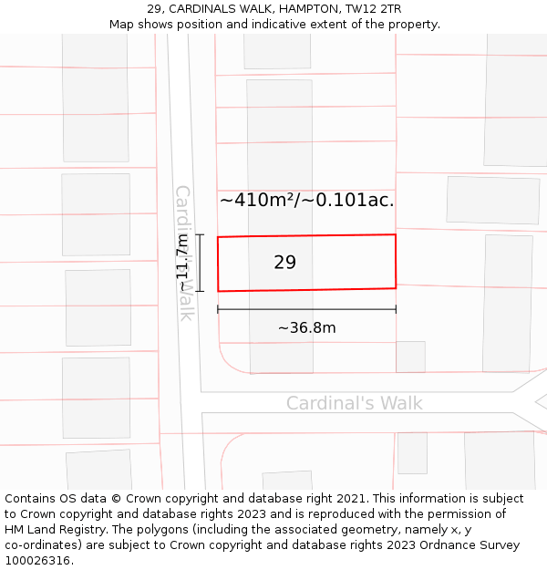 29, CARDINALS WALK, HAMPTON, TW12 2TR: Plot and title map