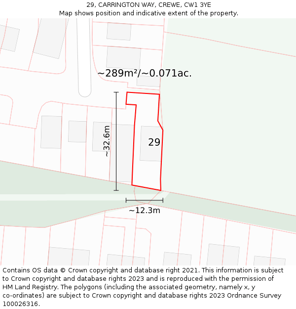 29, CARRINGTON WAY, CREWE, CW1 3YE: Plot and title map