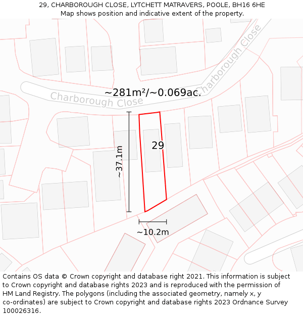 29, CHARBOROUGH CLOSE, LYTCHETT MATRAVERS, POOLE, BH16 6HE: Plot and title map