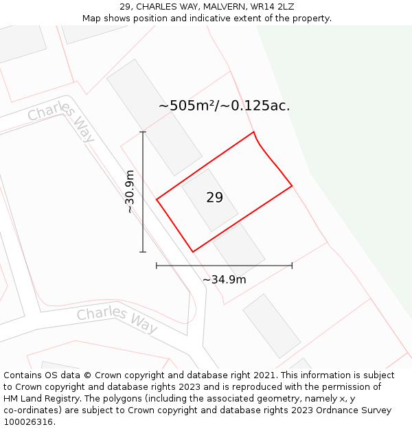 29, CHARLES WAY, MALVERN, WR14 2LZ: Plot and title map