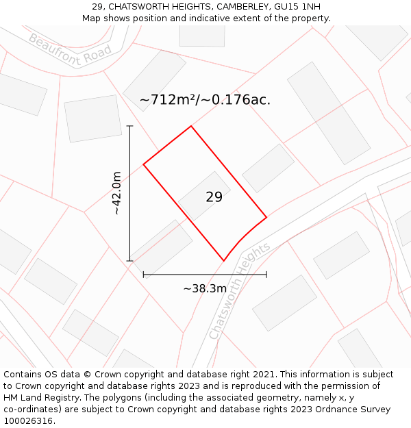 29, CHATSWORTH HEIGHTS, CAMBERLEY, GU15 1NH: Plot and title map