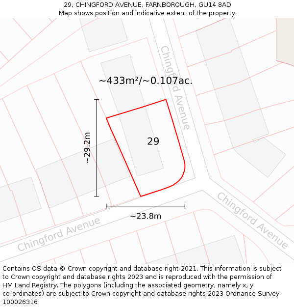 29, CHINGFORD AVENUE, FARNBOROUGH, GU14 8AD: Plot and title map