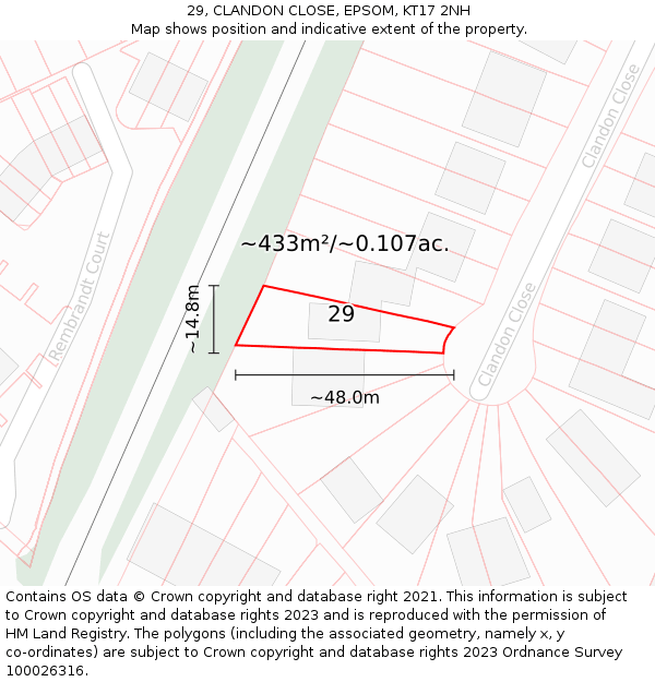 29, CLANDON CLOSE, EPSOM, KT17 2NH: Plot and title map