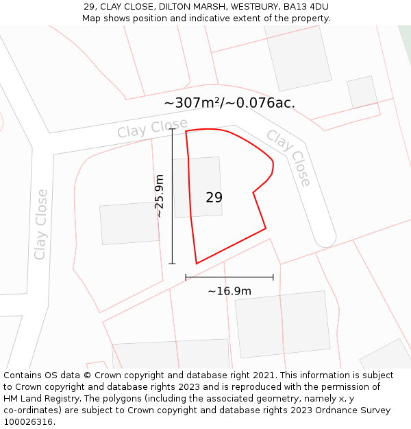 29, CLAY CLOSE, DILTON MARSH, WESTBURY, BA13 4DU: Plot and title map