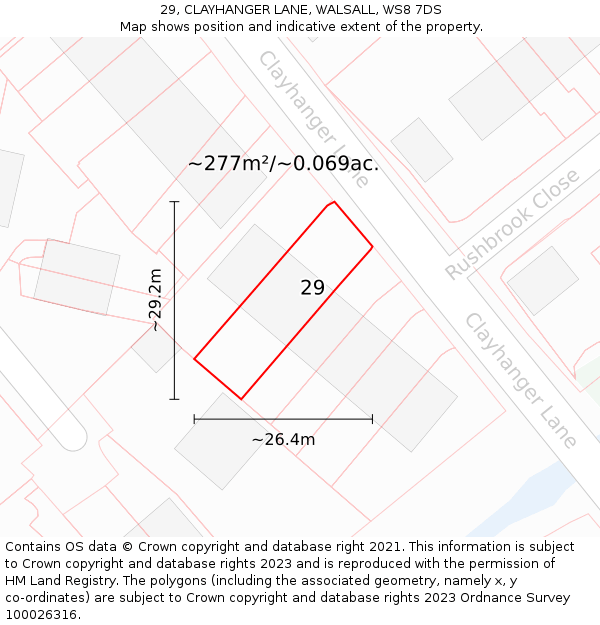 29, CLAYHANGER LANE, WALSALL, WS8 7DS: Plot and title map