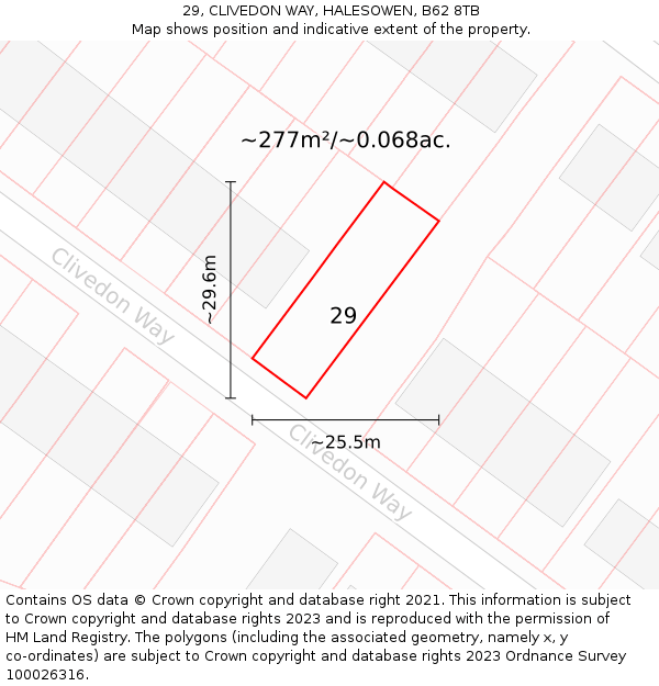 29, CLIVEDON WAY, HALESOWEN, B62 8TB: Plot and title map