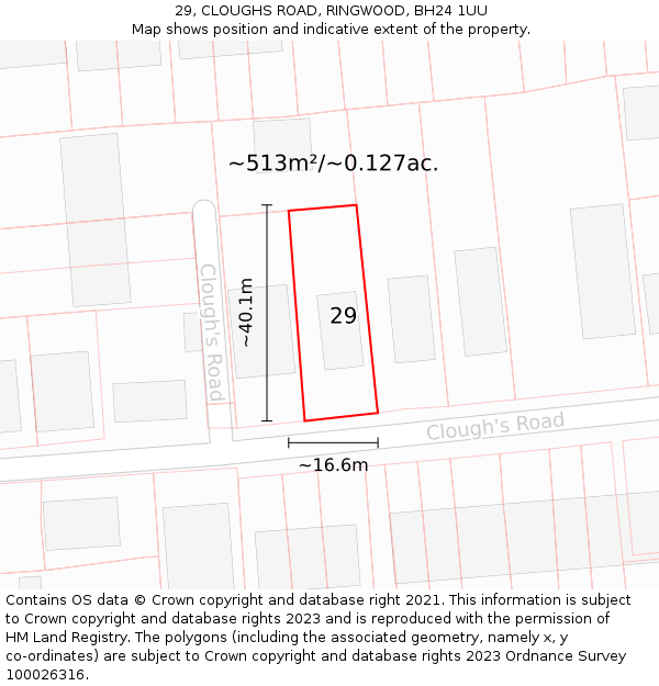 29, CLOUGHS ROAD, RINGWOOD, BH24 1UU: Plot and title map