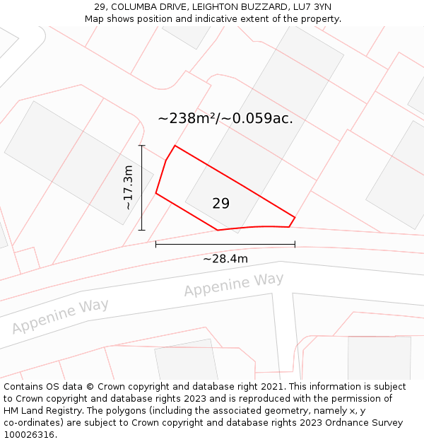 29, COLUMBA DRIVE, LEIGHTON BUZZARD, LU7 3YN: Plot and title map