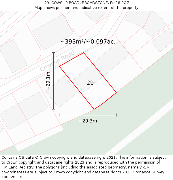 29, COWSLIP ROAD, BROADSTONE, BH18 9QZ: Plot and title map