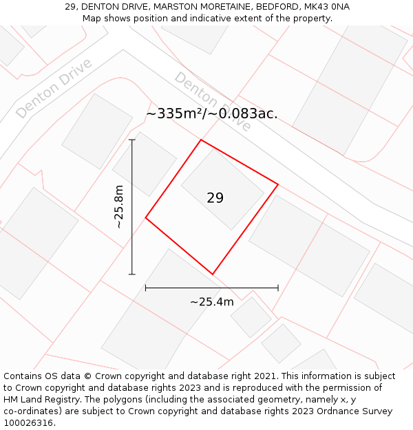 29, DENTON DRIVE, MARSTON MORETAINE, BEDFORD, MK43 0NA: Plot and title map