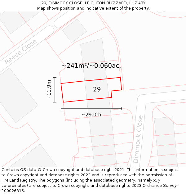 29, DIMMOCK CLOSE, LEIGHTON BUZZARD, LU7 4RY: Plot and title map