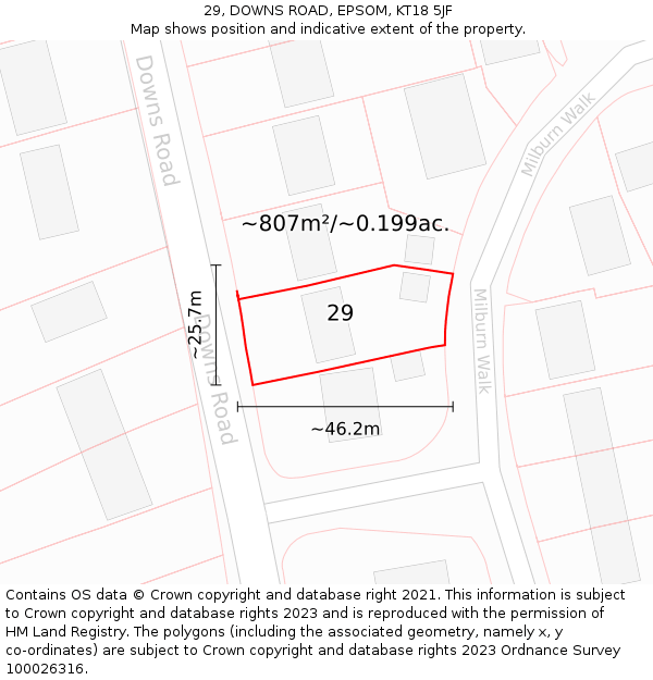 29, DOWNS ROAD, EPSOM, KT18 5JF: Plot and title map