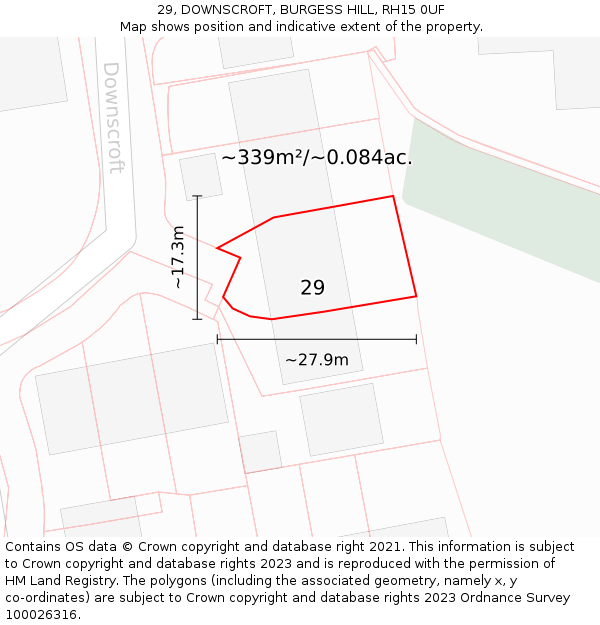 29, DOWNSCROFT, BURGESS HILL, RH15 0UF: Plot and title map