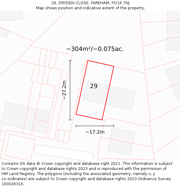 29, DRYDEN CLOSE, FAREHAM, PO16 7NJ: Plot and title map