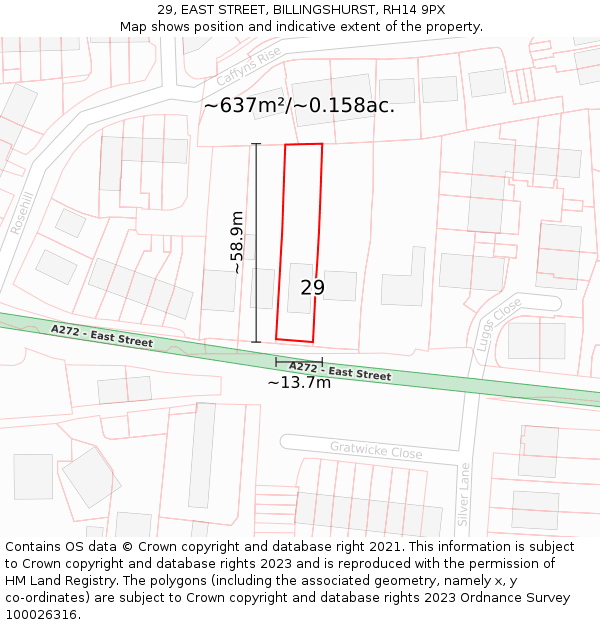 29, EAST STREET, BILLINGSHURST, RH14 9PX: Plot and title map