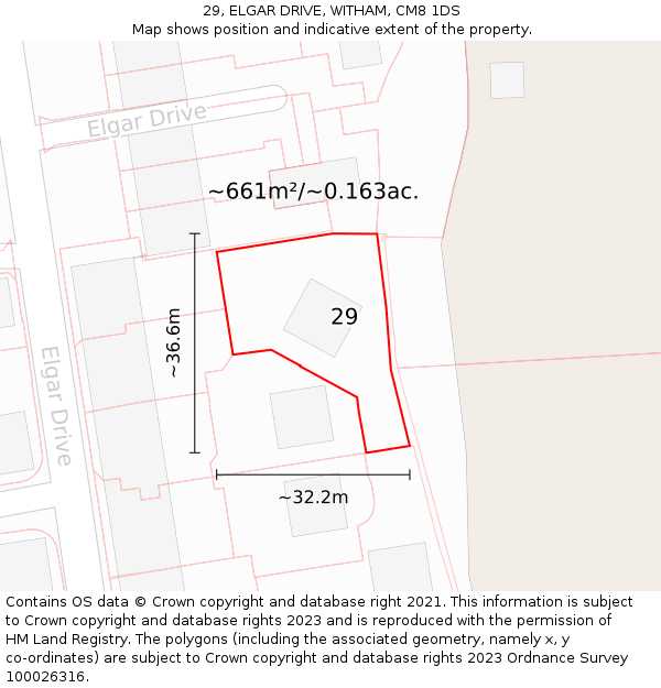 29, ELGAR DRIVE, WITHAM, CM8 1DS: Plot and title map