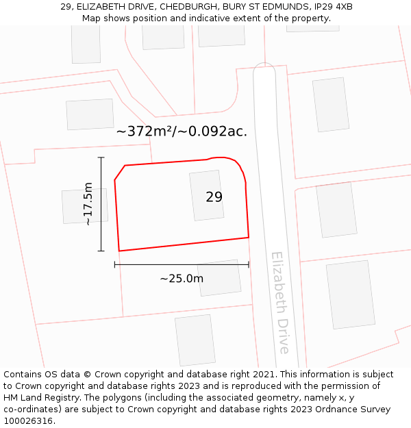 29, ELIZABETH DRIVE, CHEDBURGH, BURY ST EDMUNDS, IP29 4XB: Plot and title map