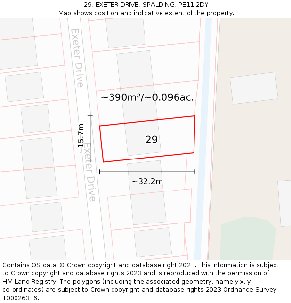 29, EXETER DRIVE, SPALDING, PE11 2DY: Plot and title map