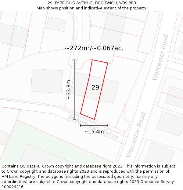 29, FABRICIUS AVENUE, DROITWICH, WR9 8RR: Plot and title map