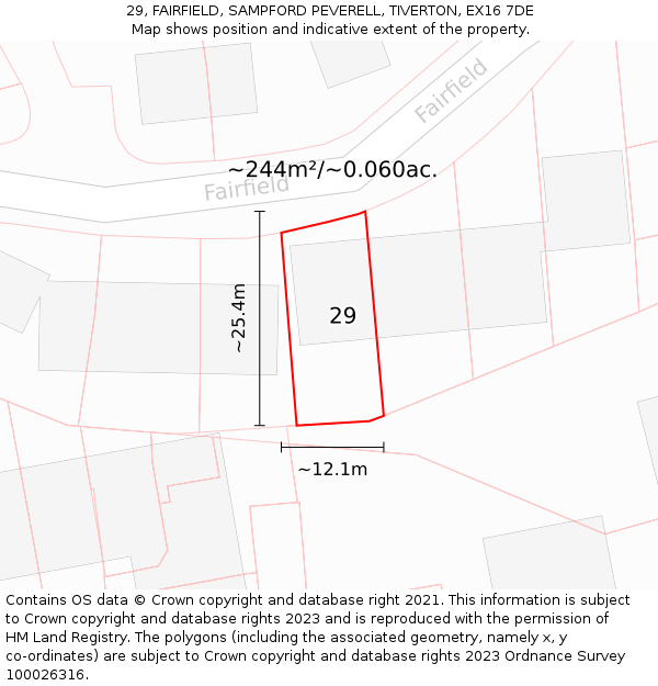 29, FAIRFIELD, SAMPFORD PEVERELL, TIVERTON, EX16 7DE: Plot and title map