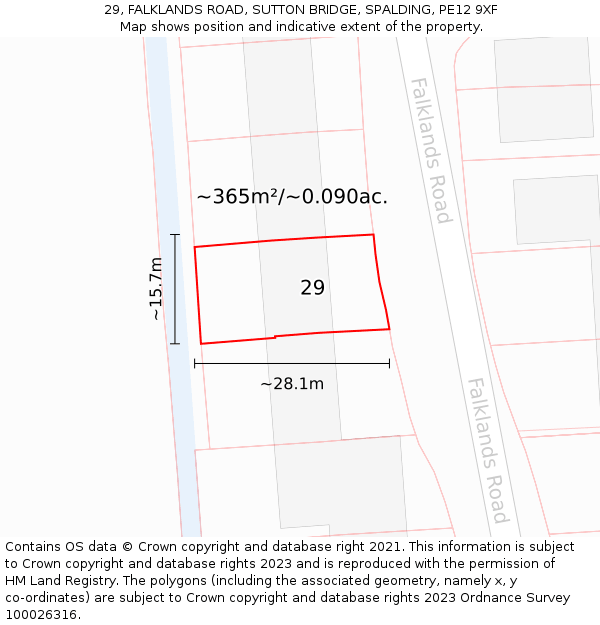 29, FALKLANDS ROAD, SUTTON BRIDGE, SPALDING, PE12 9XF: Plot and title map