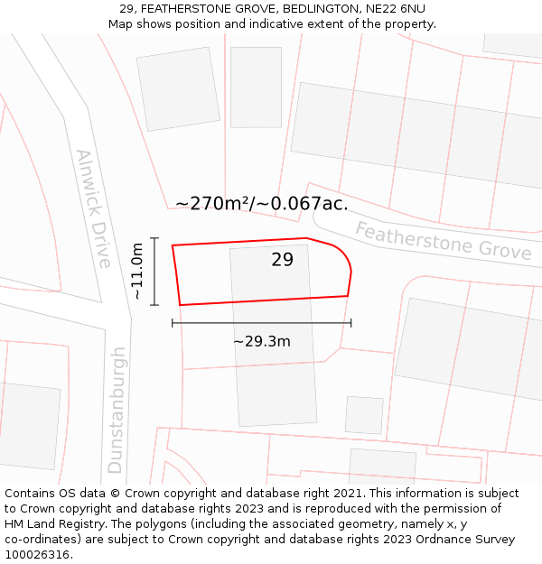 29, FEATHERSTONE GROVE, BEDLINGTON, NE22 6NU: Plot and title map