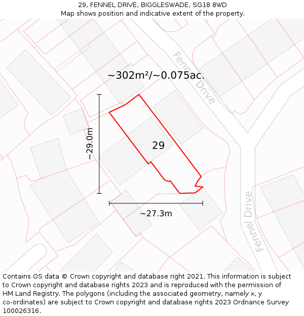 29, FENNEL DRIVE, BIGGLESWADE, SG18 8WD: Plot and title map