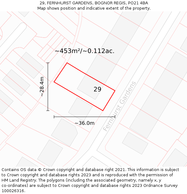 29, FERNHURST GARDENS, BOGNOR REGIS, PO21 4BA: Plot and title map