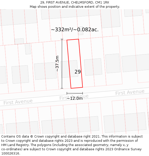 29, FIRST AVENUE, CHELMSFORD, CM1 1RX: Plot and title map