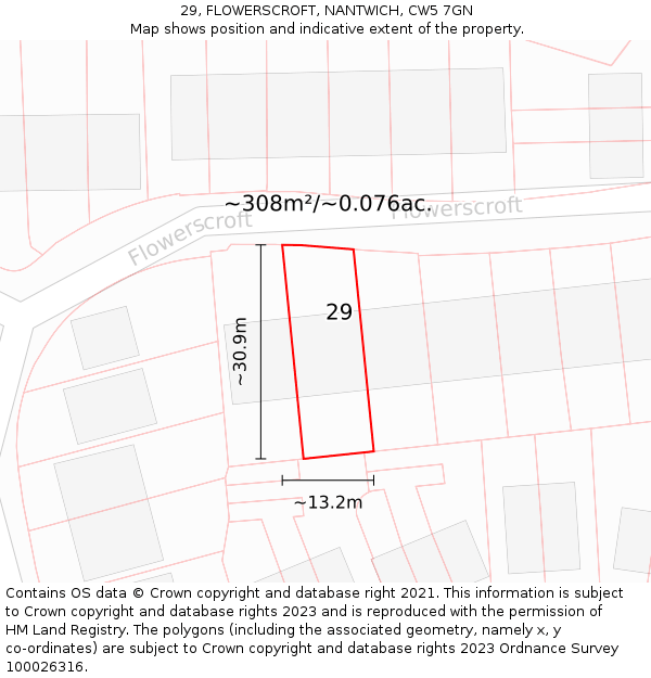 29, FLOWERSCROFT, NANTWICH, CW5 7GN: Plot and title map