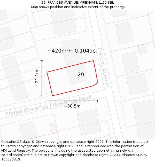 29, FRANCES AVENUE, WREXHAM, LL12 8BL: Plot and title map