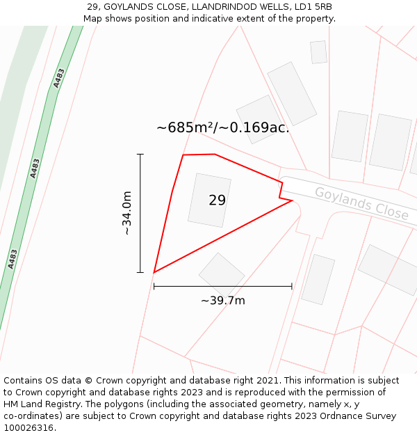 29, GOYLANDS CLOSE, LLANDRINDOD WELLS, LD1 5RB: Plot and title map