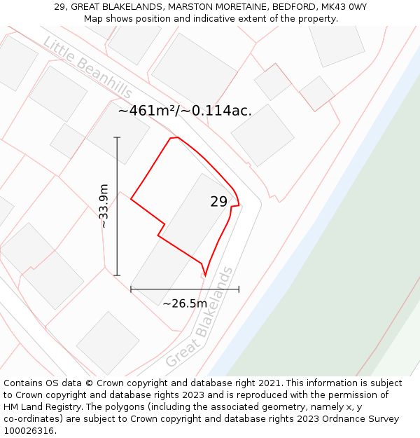 29, GREAT BLAKELANDS, MARSTON MORETAINE, BEDFORD, MK43 0WY: Plot and title map