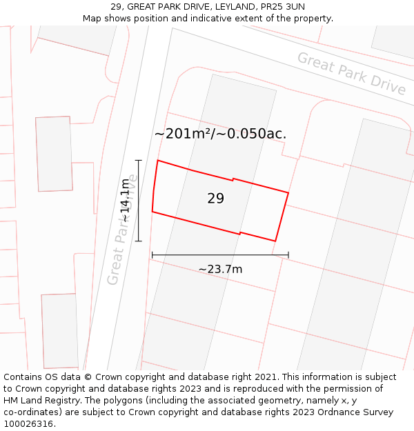 29, GREAT PARK DRIVE, LEYLAND, PR25 3UN: Plot and title map